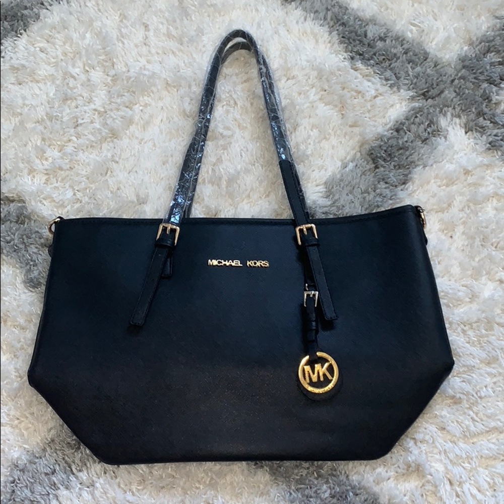 Michael Kors Black Saffiano Shoulder Tote with Gold MK Charm